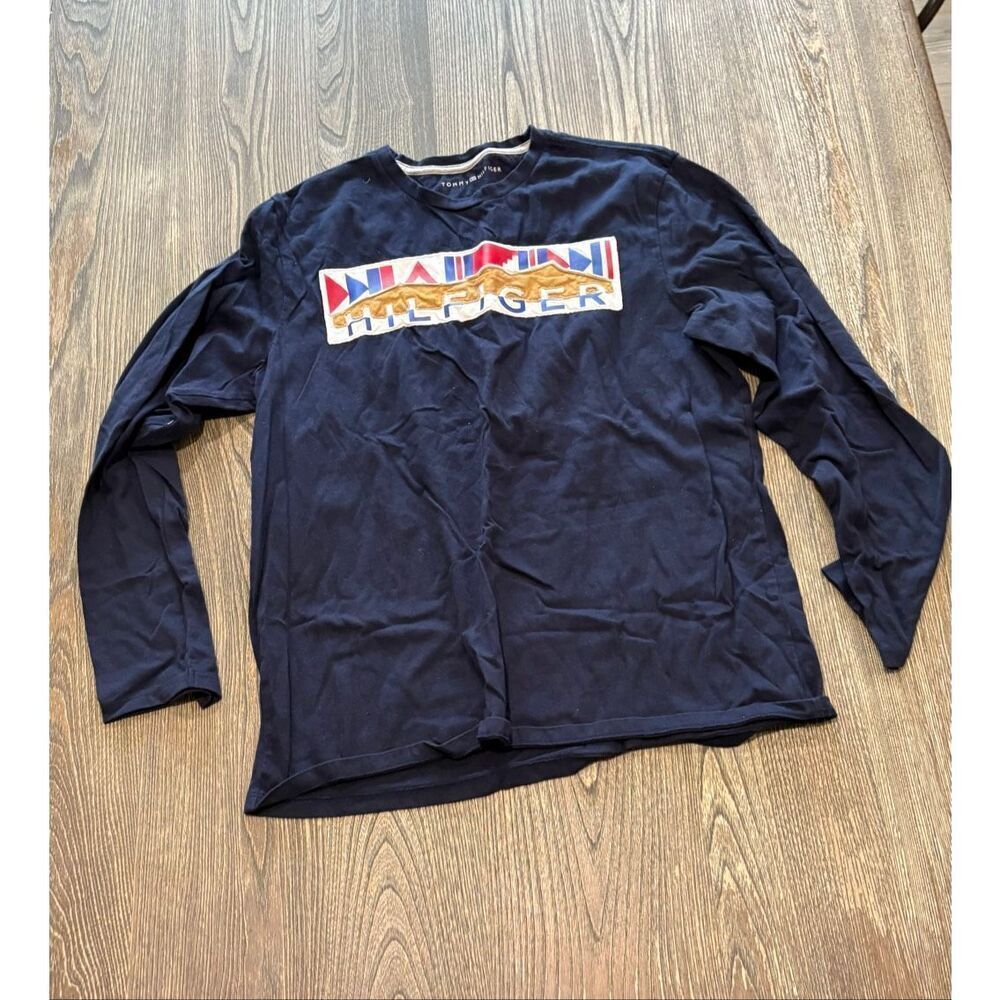 Tommy Hilfiger Mens Long Sleeve T-Shirt Embroidered Logo Crewneck Navy Size M